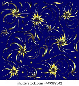 Abstract background with flowers, swirls and beads on a blue background, can be used for wallpaper, pattern fills, web page background,surface textures, textiles.