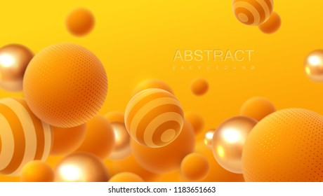 Abstract background with flowing 3d spheres. Orange and golden bubbles. Vector illustration of balls textured with striped pattern. Modern trendy banner or poster design