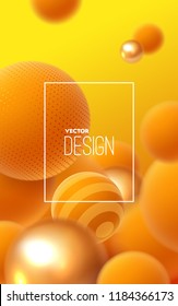 Abstract background with flowing 3d spheres. Orange and golden bubbles. Vector illustration of balls textured with striped pattern. Modern trendy banner or poster design