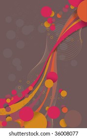 Abstract background with flowing circle bubbles and ribbon like lines. Each collection of elements are all on separate layers. Cropped via clipping mask.