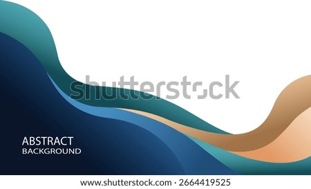 Abstract background with flowing dark blue, light blue, and tan curved shapes on a white field.