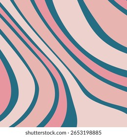 An abstract background of flowing, diagonal wavy lines in a retro color palette of teal, pink, and light beige.
