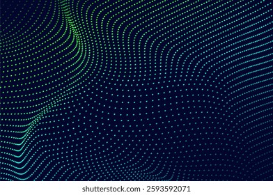Abstract background flowing dots particle wave blue and light green. Technology, biology, science and dynamic illustration concept.