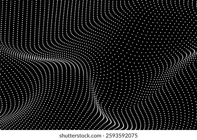 Abstract background flowing dots particle wave black and white. Technology, biology, science and dynamic illustration concept.