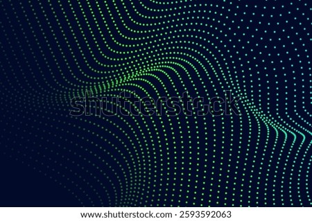 Abstract background flowing dots particle wave blue and light green. Technology, biology, science and dynamic illustration concept.