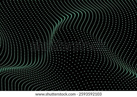 Abstract background flowing dots particle wave light green isolated black background. Technology, biology, science and dynamic illustration concept.