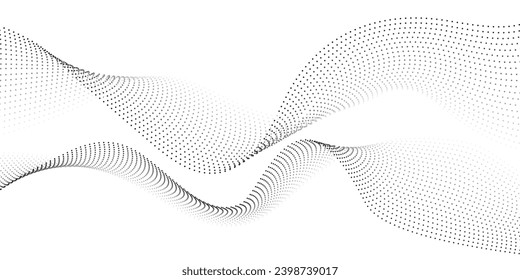 Abstract background with flowing dots particles halftone waves pattern in black and white wavy dotted lines. Vector design template of Artificial intelligence, gaming, technology, science, music.