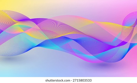 abstract background flowing, energetic motion. translucent wavy lines in neon colors purple, pink, yellow, blue set against a beautiful gradient, web design, modern banners, technology presentations