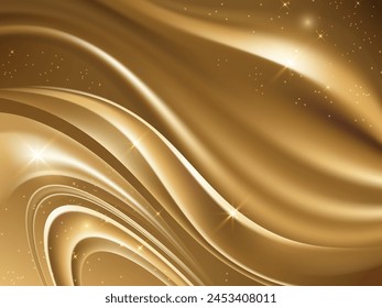 An abstract background of flowing golden waves and ellipses, with shiny sparkling particles or stars.