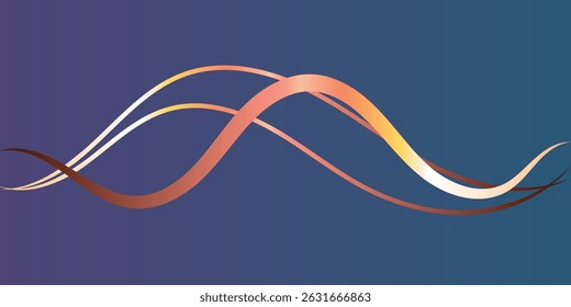 Abstract background with flowing, gradient lines. This is a dynamic abstract background featuring overlapping, flowing lines in shades of peach, gold, and cream, set against a deep blue gradient backd