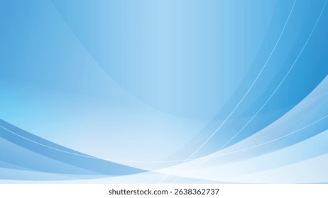 Fundo abstrato com fluindo luz azul e formas brancas. Cores suaves e gradientes criam uma atmosfera serena e calma. O design apresenta linhas curvas dinâmicas que sugerem movimento e