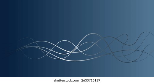 Abstract background with flowing lines in a deep navy blue color scheme.This abstract image features a smooth gradient background in deep navy blue, showcasing flowing, wavy lines in a light graysilve