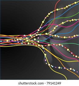 Abstract background with flowing lines and rounds on black, vector illustration