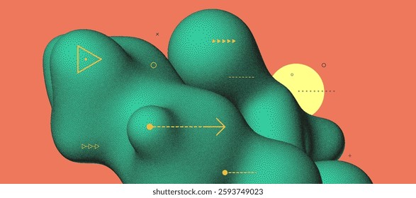 Abstract background with flowing liquid form. 3D liquid amorphous graphic element. Composition in dotwork style. Vector illustration for banner, flyer, poster, cover, brochure or presentation.