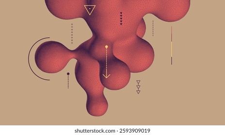 Abstract background with flowing liquid form. 3D liquid amorphous graphic element. Composition in dotwork style. Vector illustration for banner, flyer, poster, cover, brochure or presentation.