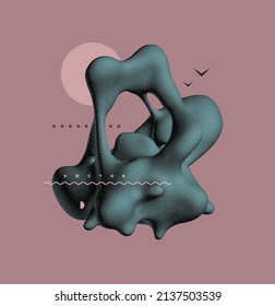 Abstract background with flowing liquid shape. 3D fluid graphic element. Composition in dotwork style. Vector illustration for for banner, flyer, poster, cover, brochure or presentation.