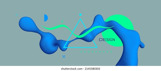 Abstract background with flowing liquid shape. 3D fluid graphic element. Composition in dotwork style. Vector illustration for for banner, flyer, poster, cover, brochure or presentation.