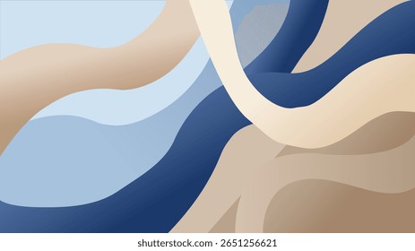 Fundo abstrato com ondas orgânicas fluindo em azul sereno, bege e marrom claro. Um design moderno e harmonioso apresentando formas suaves e ondulantes