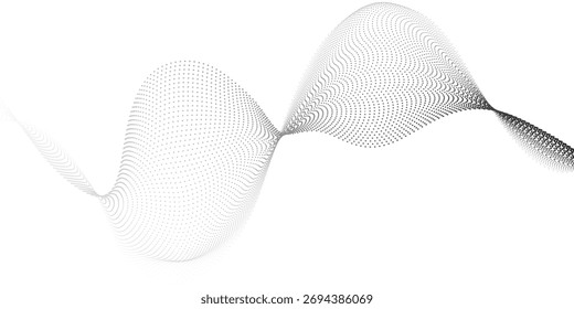 Abstract background, flowing particle vector waves, moving dotted curved lines, technology and science theme, airy and easy futuristic illustration.