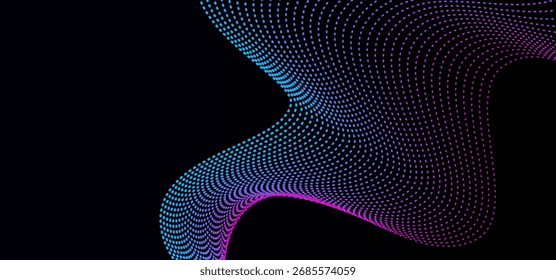 Abstract background with flowing wave of glowing blue and pink dotted lines on dark backdrop, modern futuristic design for technology, data, or digital concepts.

