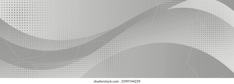 abstract background with flowing wave-like curves in various shades of gray. The design incorporates a dotted halftone pattern, creating a modern and dynamic visual effect