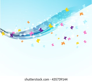 abstract background with flowing waves and flying butterflies