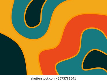 An abstract background with flowing wavy shapes in a retro color palette of yellow, turquoise, orange, and navy, perfect for backgrounds and design projects.