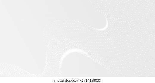 Fondo Abstractas con ondas de partículas blancas que fluyen en un gradiente gris claro. Diseño moderno y limpio para presentaciones tecnológicas, científicas y corporativas.