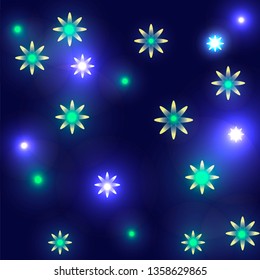 Abstract background with fluorescent flowers and star on a dark background