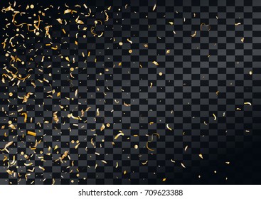Abstract background with flying in the air scattered golden confetti. Blank holiday event celebration template. Vector illustration isolated on transparent background.
