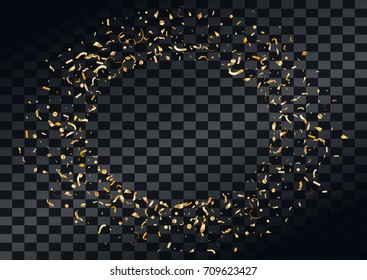 Abstract background with flying in the air scattered golden confetti. Blank holiday event celebration template. Vector illustration isolated on transparent background.