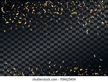 Abstract background with flying in the air scattered golden confetti. Blank holiday event celebration template. Vector illustration isolated on transparent background.