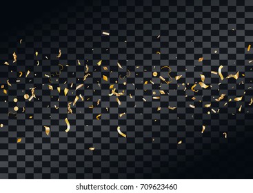 Abstract background with flying in the air scattered golden confetti. Blank holiday event celebration template. Vector illustration isolated on transparent background.