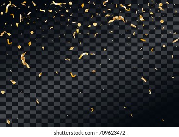Abstract background with flying in the air scattered golden confetti. Blank holiday event celebration template. Vector illustration isolated on transparent background.