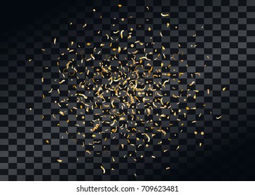 Abstract background with flying in the air scattered golden confetti. Blank holiday event celebration template. Vector illustration isolated on transparent background.