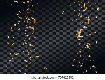 Abstract background with flying in the air scattered golden confetti. Blank holiday event celebration template. Vector illustration isolated on transparent background.