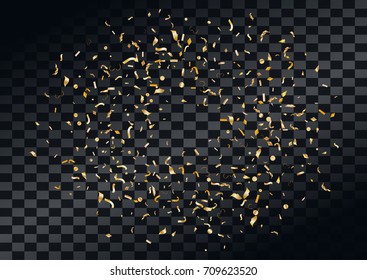 Abstract background with flying in the air scattered golden confetti. Blank holiday event celebration template. Vector illustration isolated on transparent background.