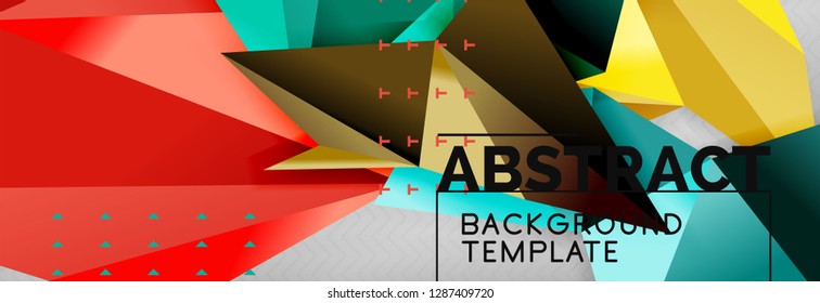 Abstract background, flying color geometric triangles composition on grey. Vector techno design wallpaper