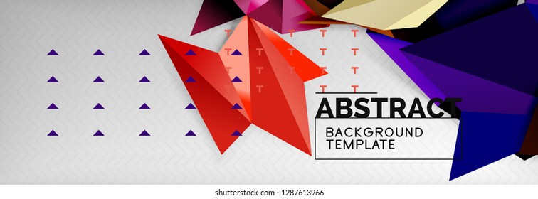 Abstract background, flying color geometric triangles composition on grey. Vector techno design wallpaper