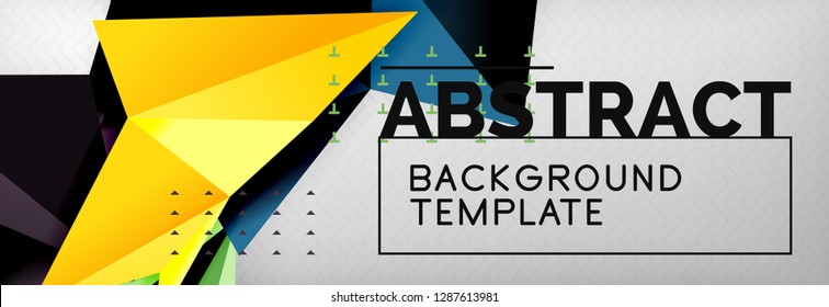 Abstract background, flying color geometric triangles composition on grey. Vector techno design wallpaper