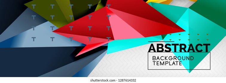 Abstract background, flying color geometric triangles composition on grey. Vector techno design wallpaper
