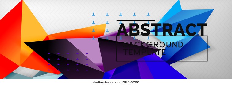 Abstract background, flying color geometric triangles composition on grey. Vector techno design wallpaper