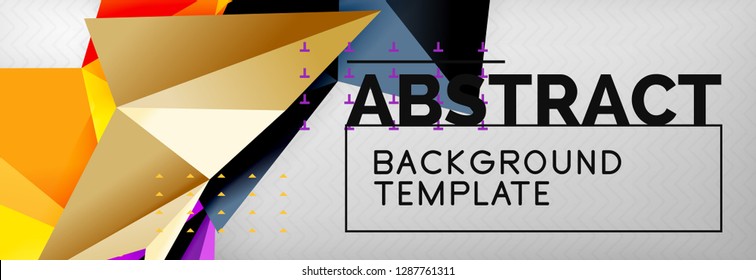 Abstract background, flying color geometric triangles composition on grey. Vector techno design wallpaper