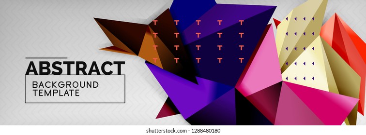 Abstract background, flying color geometric triangles composition on grey. Vector techno design wallpaper