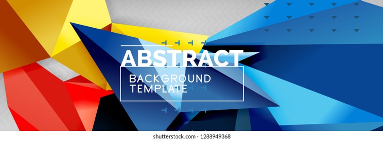 Fondo abstracto, composición de triángulos geométricos de color volante sobre gris. Papel de pantalla de diseño de tecnología vectorial