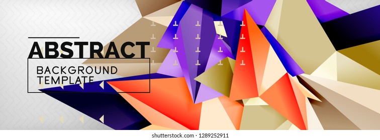 Fondo abstracto, composición de triángulos geométricos de color volante sobre gris. Papel de pantalla de diseño de tecnología vectorial