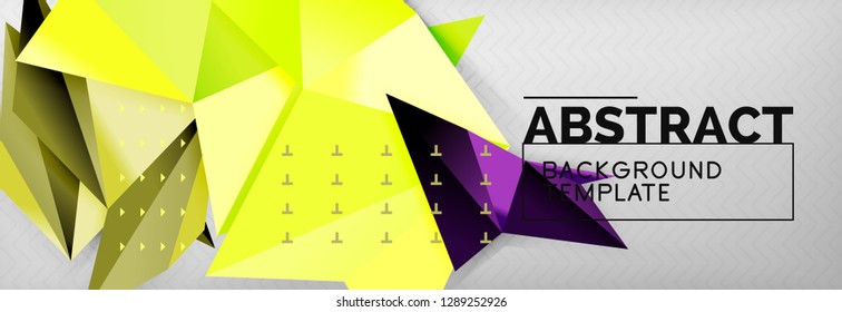 Abstract background, flying color geometric triangles composition on grey. Vector techno design wallpaper