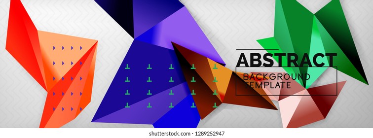 Fondo abstracto, composición de triángulos geométricos de color volante sobre gris. Papel de pantalla de diseño de tecnología vectorial