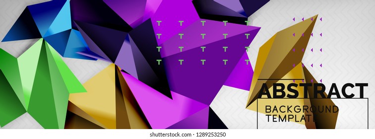 Fondo abstracto, composición de triángulos geométricos de color volante sobre gris. Papel de pantalla de diseño de tecnología vectorial