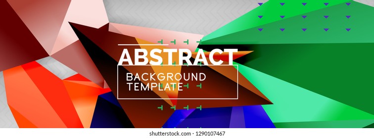 Fondo abstracto, composición de triángulos geométricos de color volante sobre gris. Papel de pantalla de diseño de tecnología vectorial